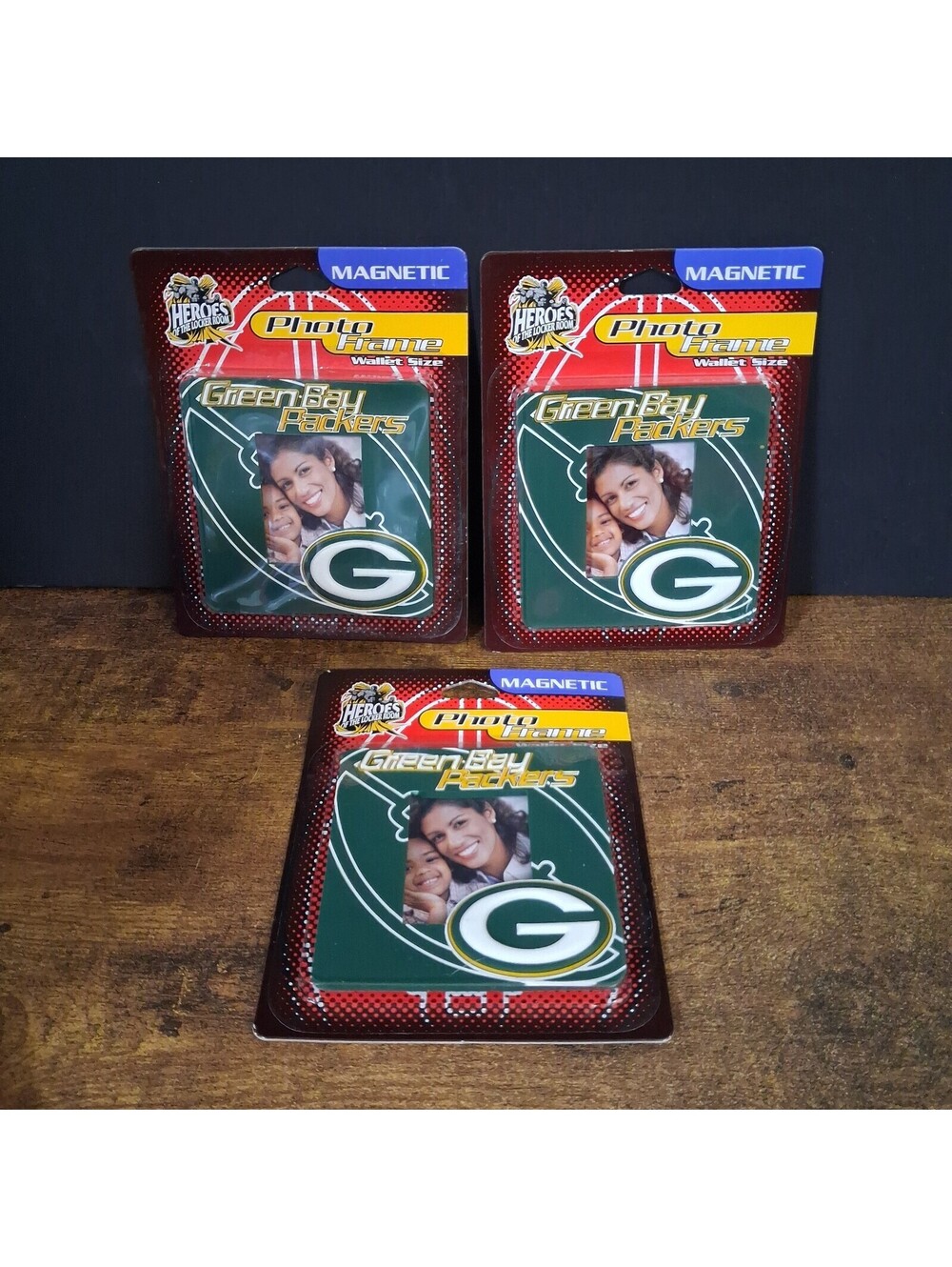 Lot of 3 Vintage Crown Pro Graphic Green Bay Packers Magnetic Wallet Photo Frame